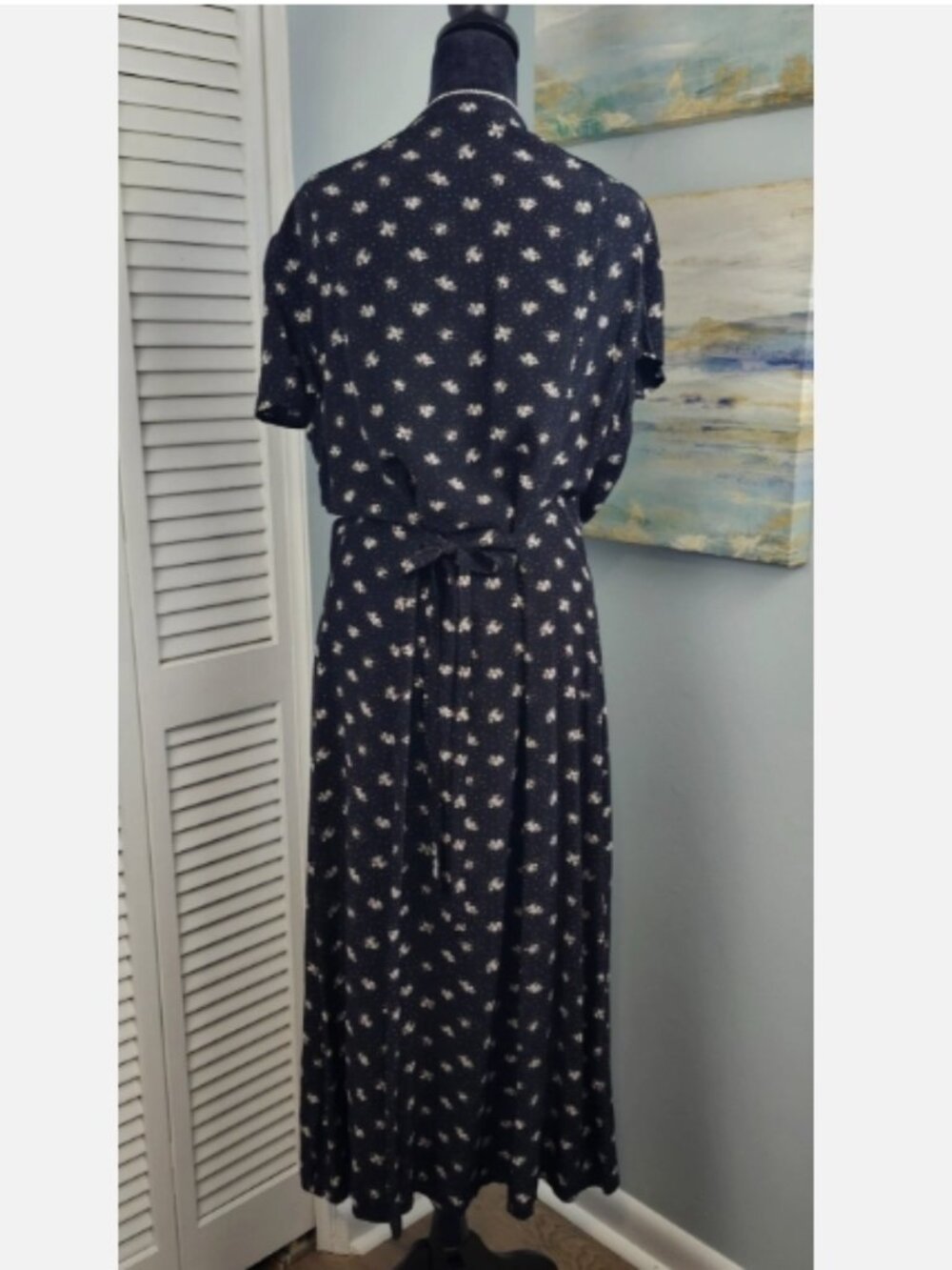 Tommy Jeans Dress XL Satin Feel Black Floral Tie Back V Neck 90's off duty Model - Picture 7 of 12